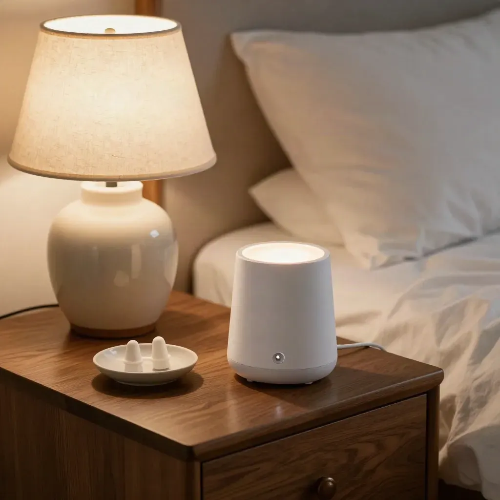 Bedside tinnitus coping scene with a white-noise device, earplugs, and a ceramic lamp on walnut wood.