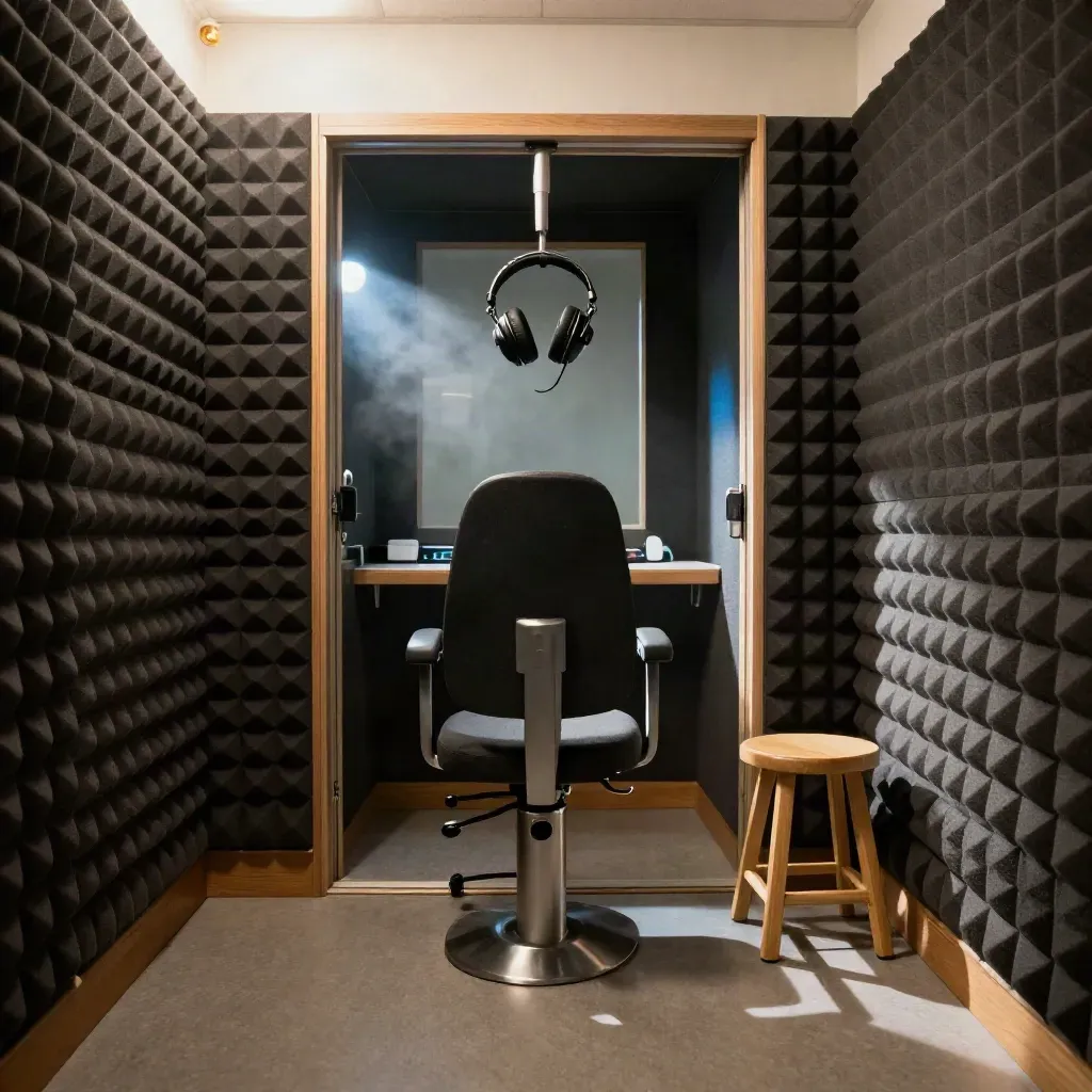 Empty hearing test booth with headphones, acoustic foam, and a test chair in warm late-afternoon light.