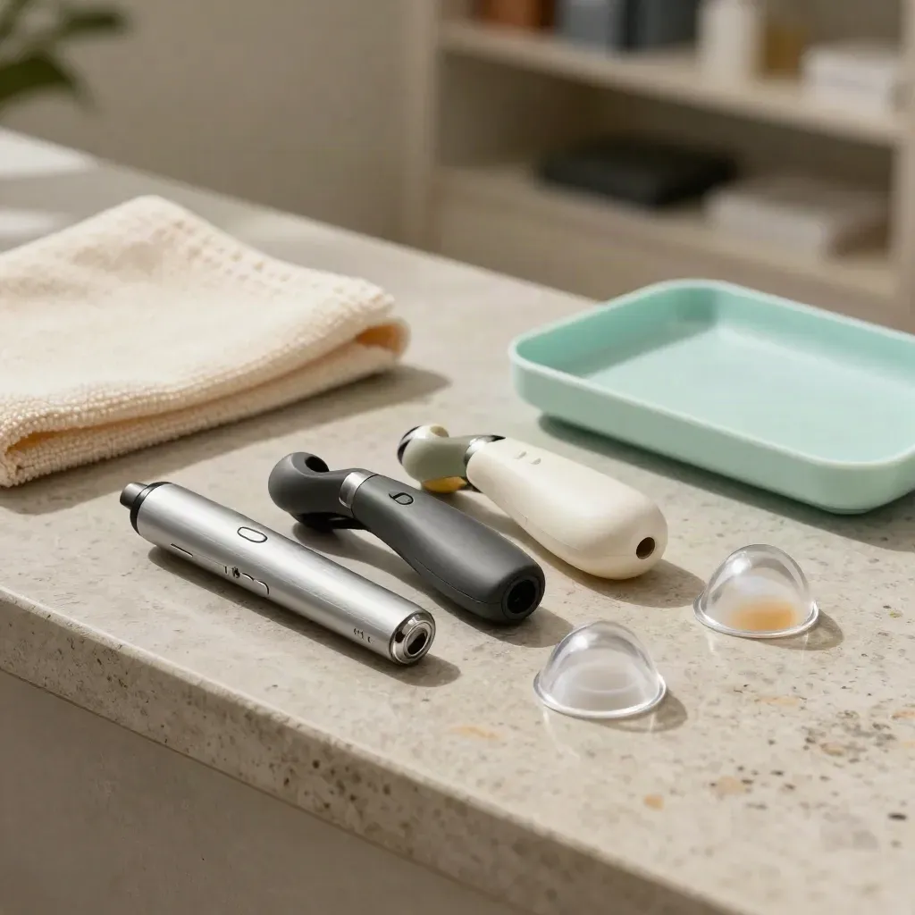 Hearing aid demo styles, charger cases, and domes lined up on a matte counter.