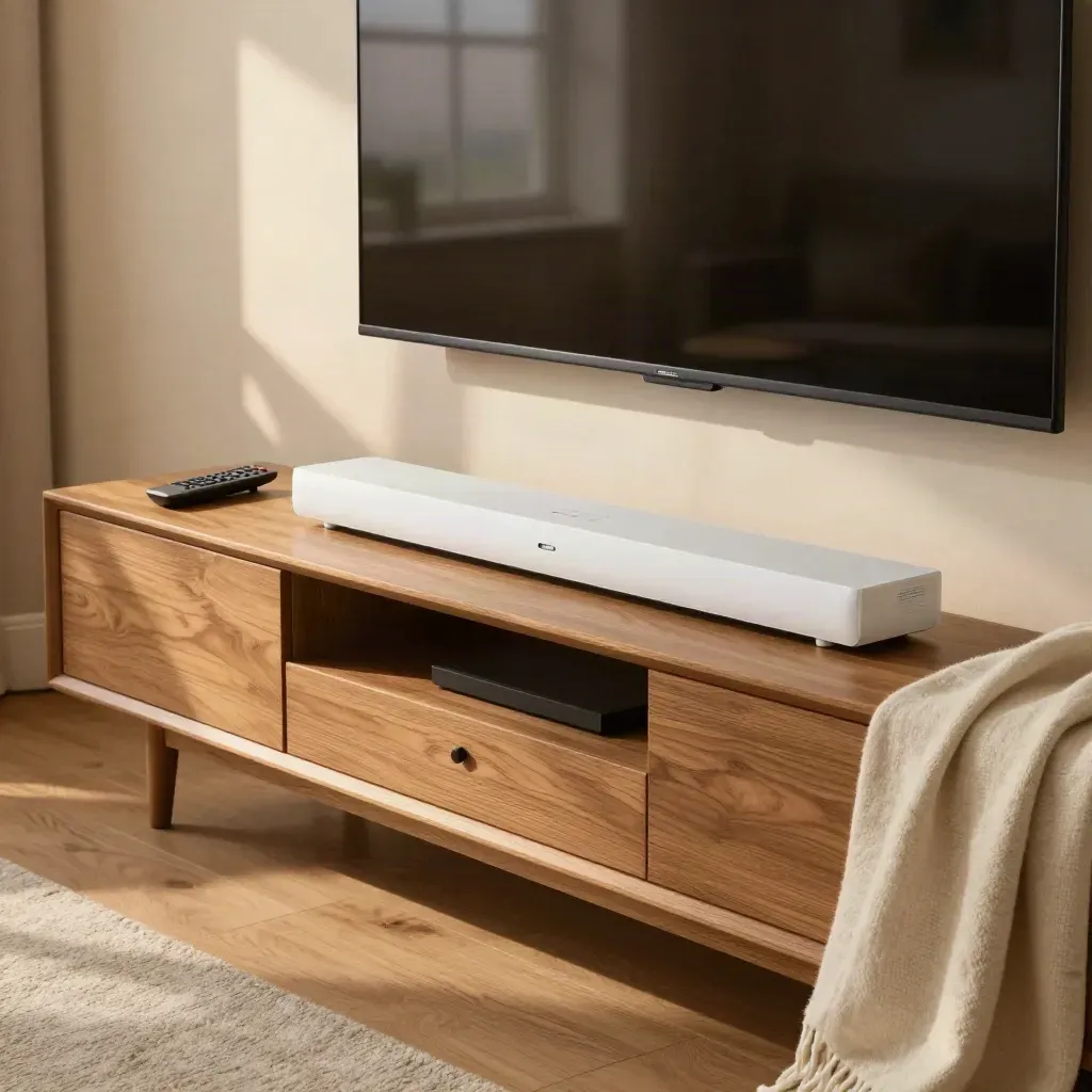 Warm living room media console with TV streamer, soundbar, remote and folded throw in soft evening light.