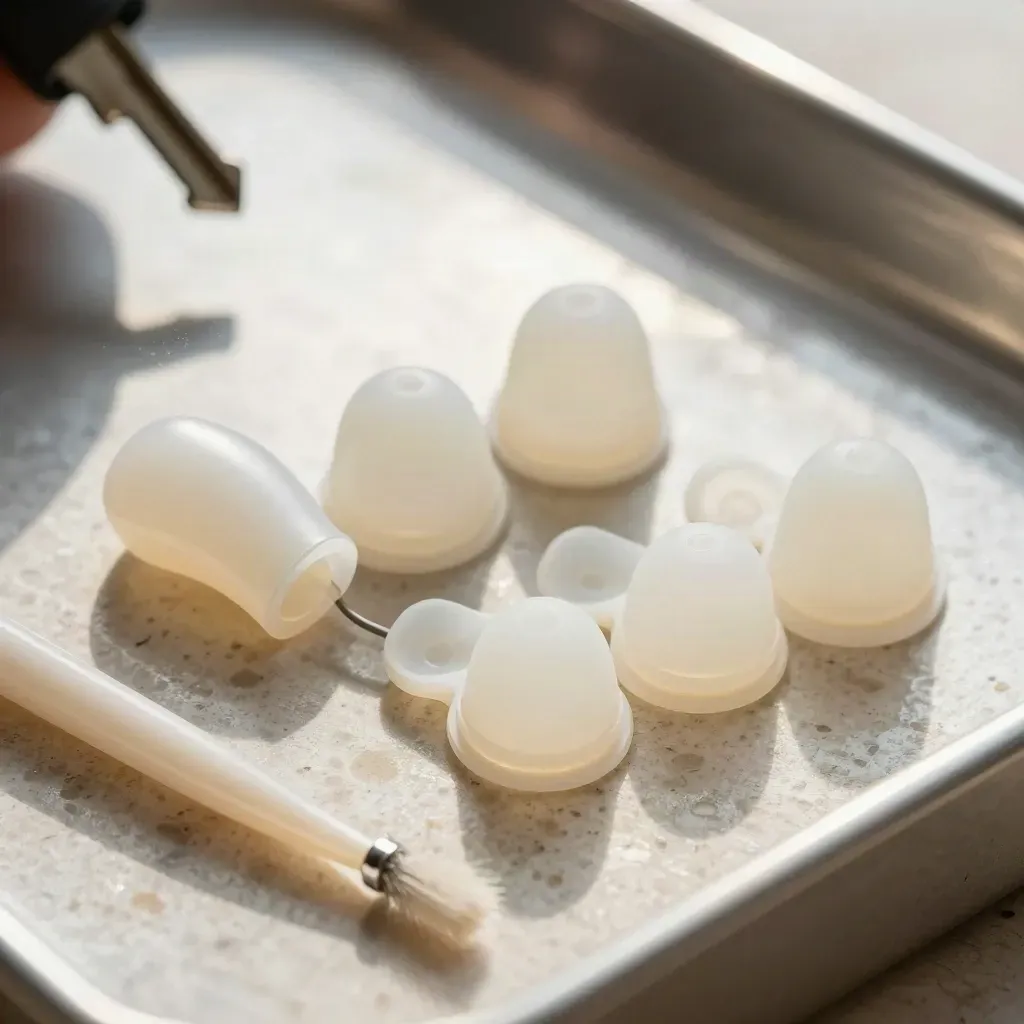 Audiology tool kit with wax guards, domes, brush, and hearing aid shells on travertine.