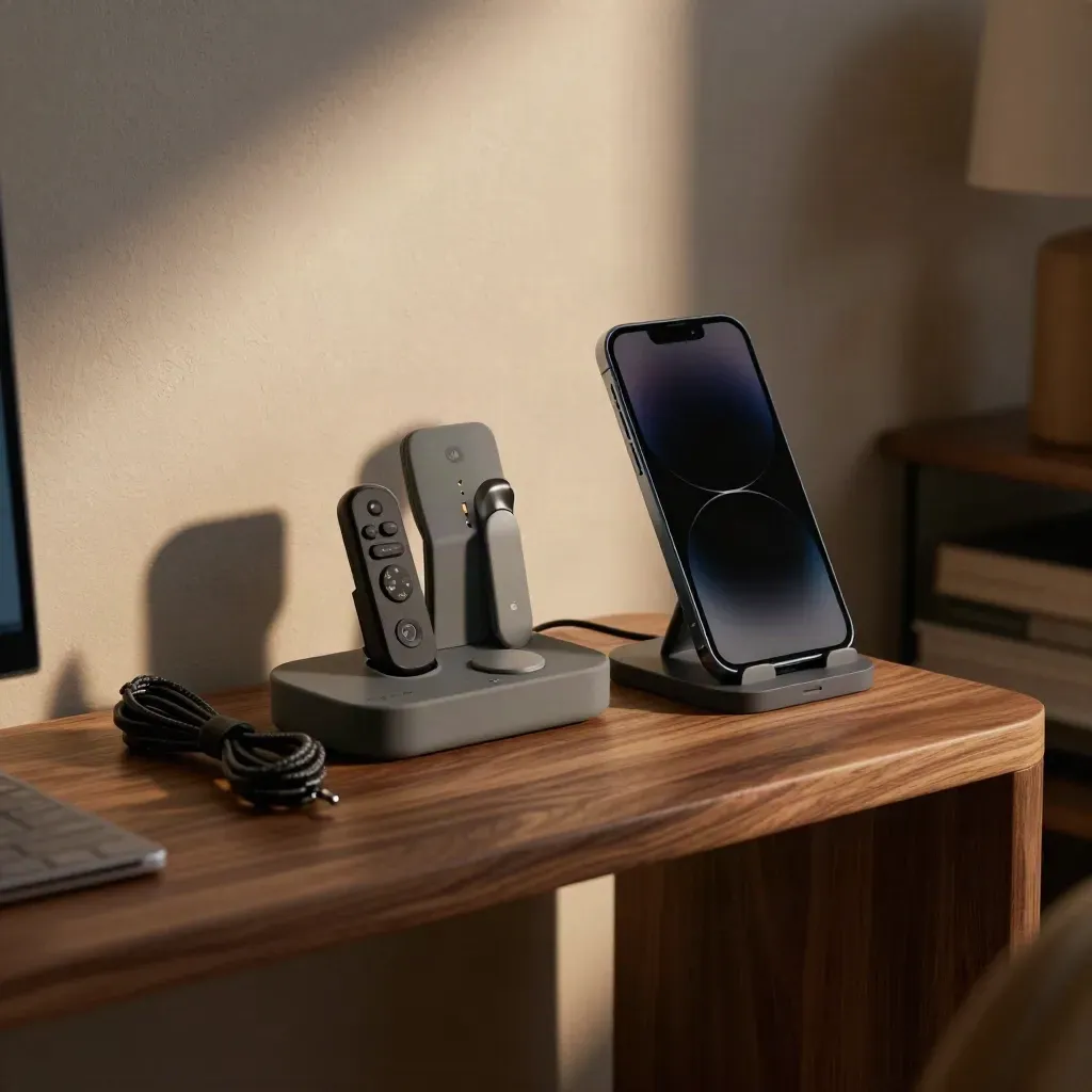 Remote hearing-aid tune-up setup in a dim home-office nook, ready for a call.