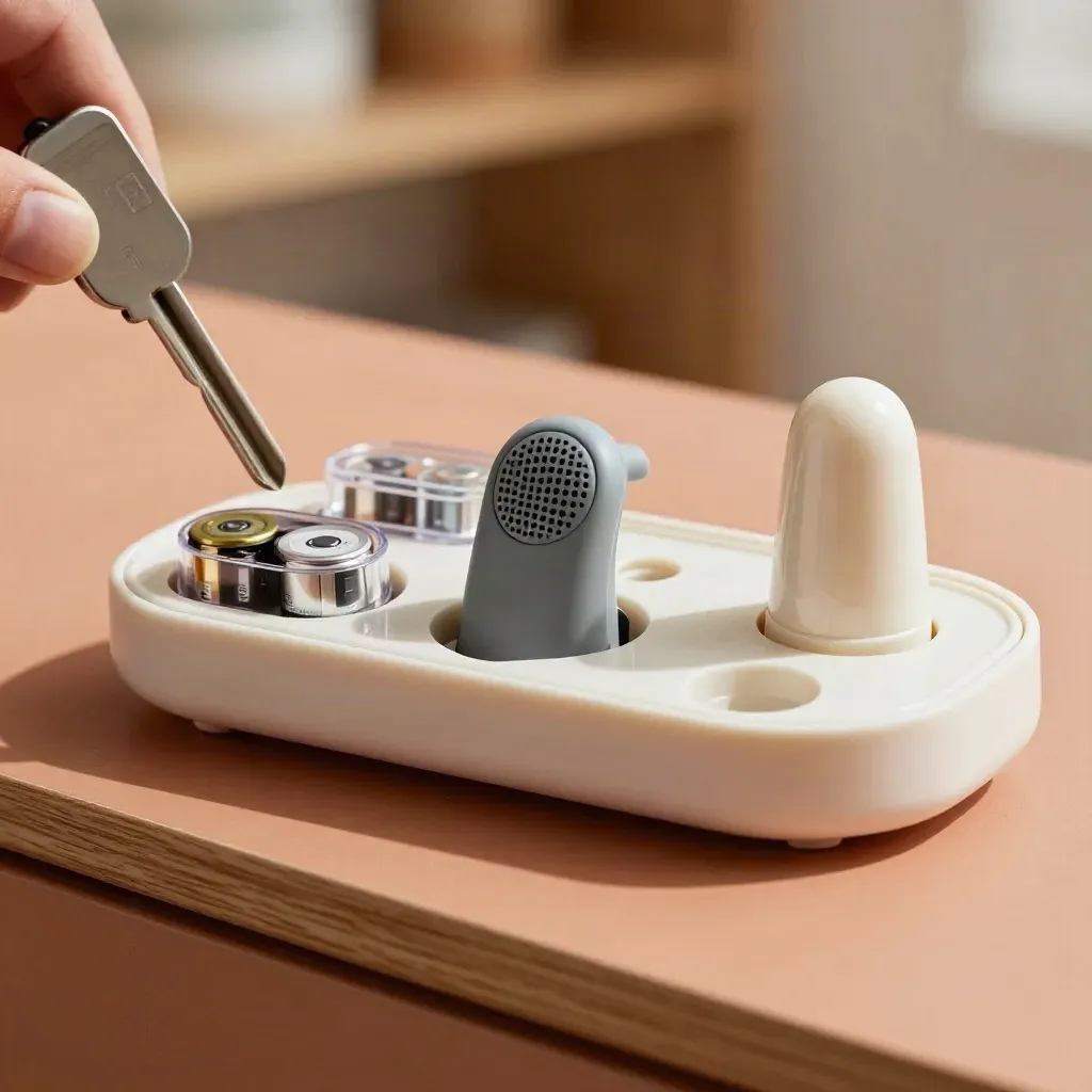 Caregiver hearing-care tray with charger, remote mic and spare batteries on terracotta surface