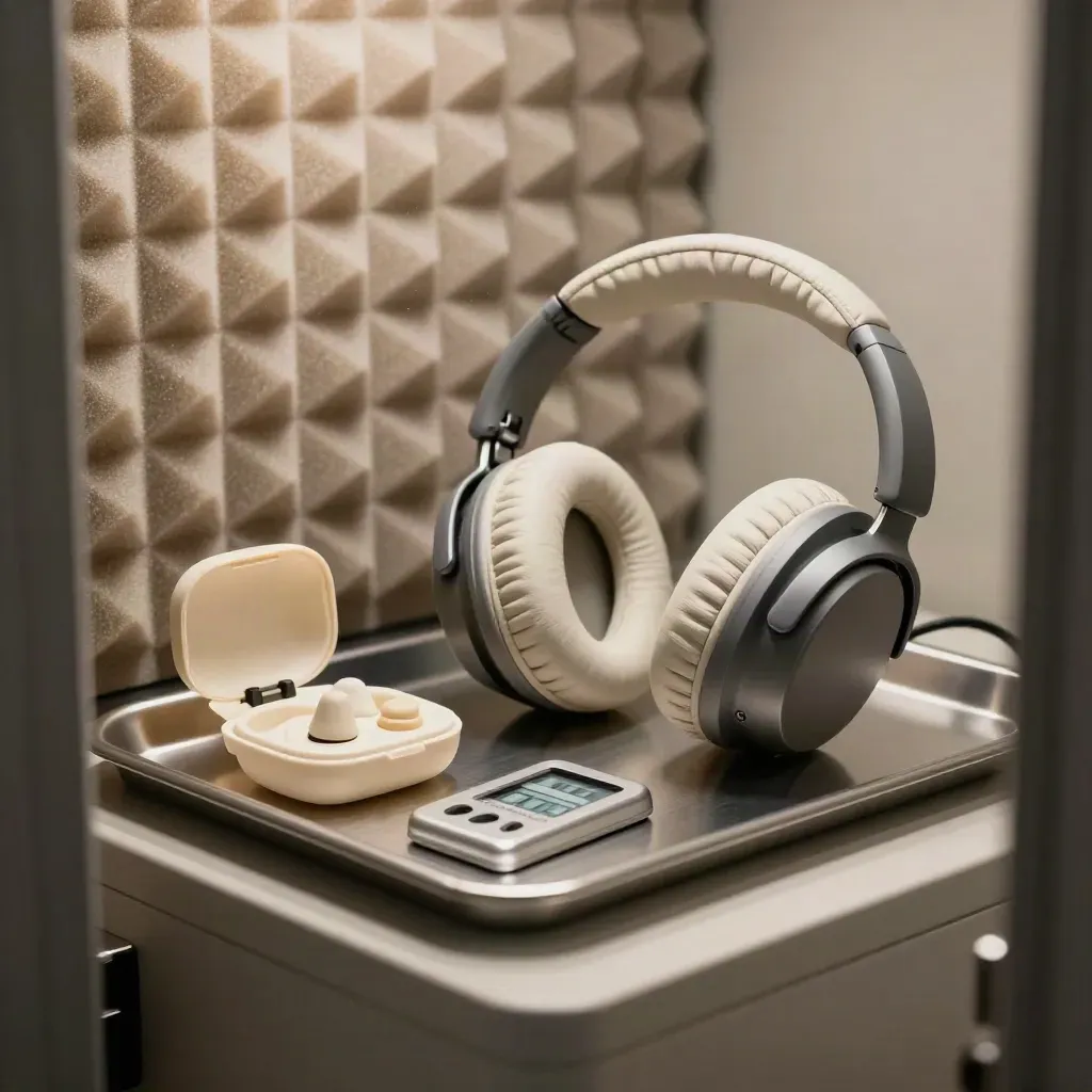 Hearing test headphones, earmold cases, and a test cradle on a brushed tray by an open booth.