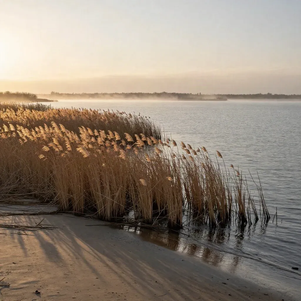 Lake County marsh reeds at sunset over calm water and mist